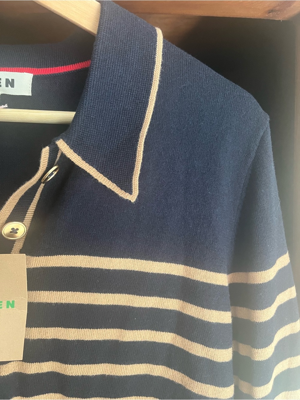 Boden NWT Liz Henley Navy and Tan Striped V‑Neck Polo Cotton Wool Blend Sweater - Picture 6 of 15